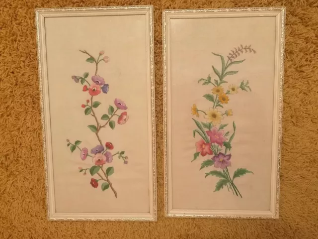 2 x Vintage Retro handbestickt Bild Wand gerahmt Blumendesigns.