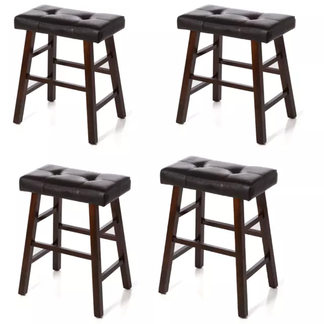 4 Bar Stools 24" or 29" High Dark Espresso Wood with Bonded Faux Leather Seat