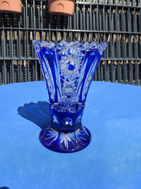 Schöler Bleikristall Fichtelberg Blumenvase blau transparent handgeschliffen