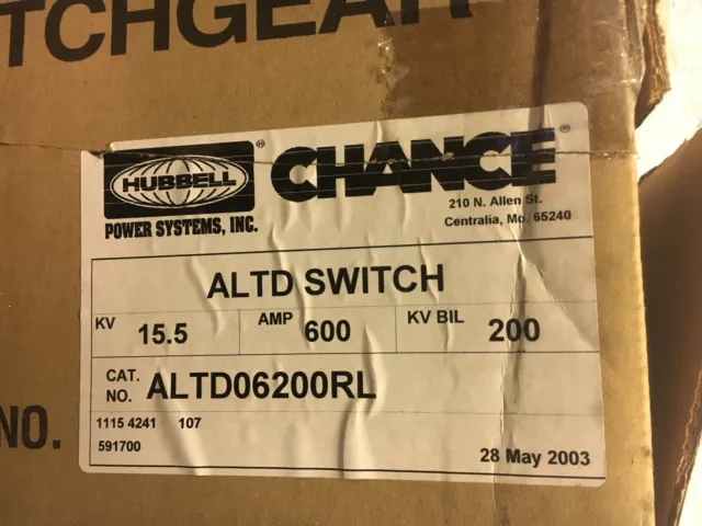 Hubbell Chance Altd06200Rl New In Box 600A 15.5Kv Altd Switch See Pics Shelf C13