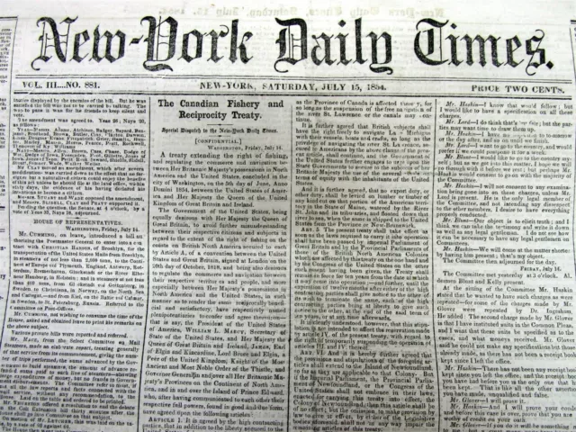 Original 1854 NEW YORK TIMES newspaper 170 years old &Published before Civil War