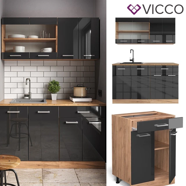 Cuisine en angle R-Line, 227 x 287 cm sans plan de travail, Bleu-gris/ anthracite, Vicco - Maison
