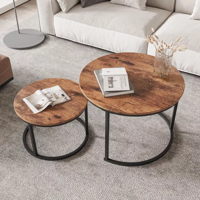 FOUBAM Round Nesting Coffee Table Set of 2 Industrial Side Tables, Rustic Brown