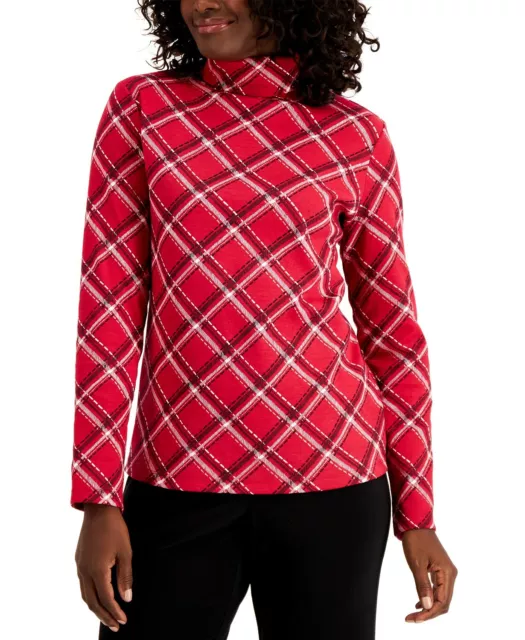 Women's Red Plaid Long Sleeve Turtleneck Top Karen Scott New