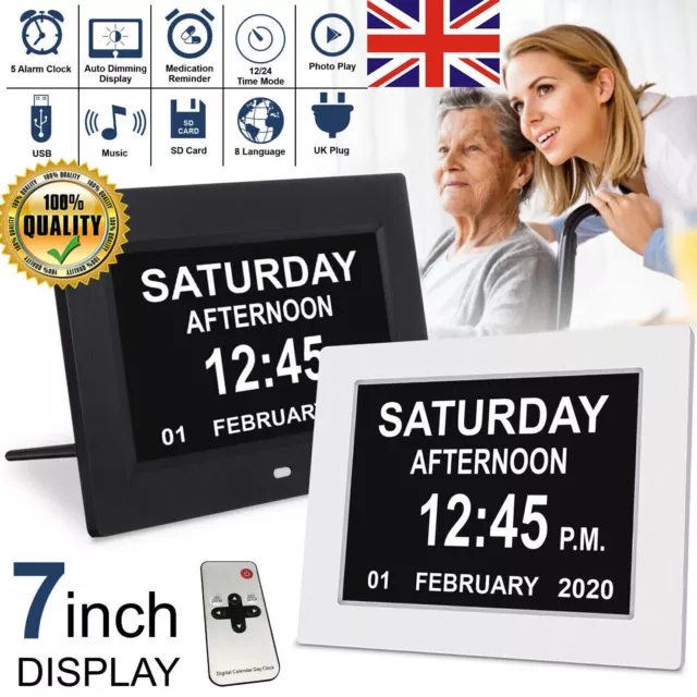 7inch Digital Alarm Clock LCD Calendar Day Datetime Memory Loss Dementia Elderly