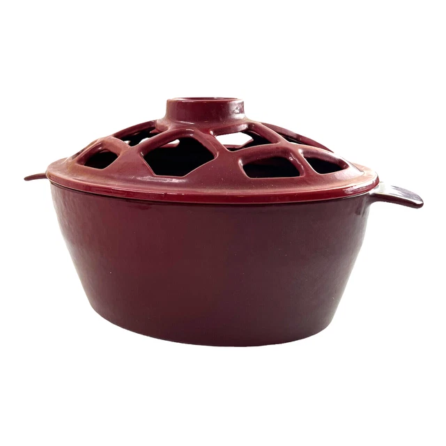 2 Qt. Maroon Lattice Wood Stove Cast Iron Steamer Porcelain Coated John Wright