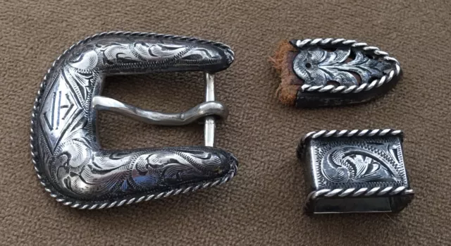 Vintage Srour 1950’s Sterling Silver Complete Ranger Keeper End Belt Buckle Set