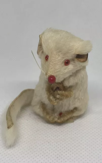 Vintage Original Fur Toy Mouse W Germany Miniature White Albino Mouse Red Eyes