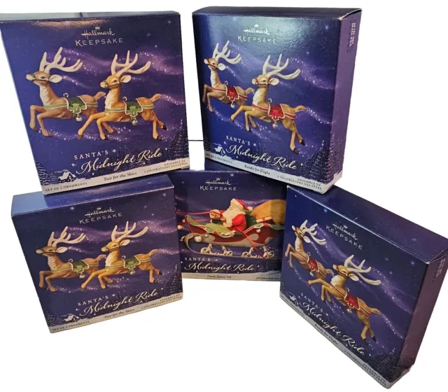 NEW 2005 Hallmark Santa’s Midnight Ride Complete Set-Dash Away + 4 Sets Reindeer