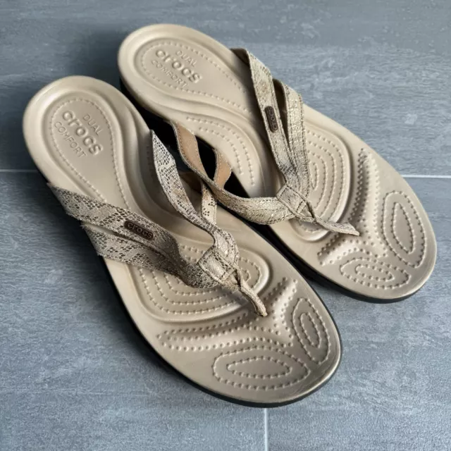 Crocs Sandals Womens 10 Iconic Comfort Capri Gold Leather Snake Thong Flip Flop