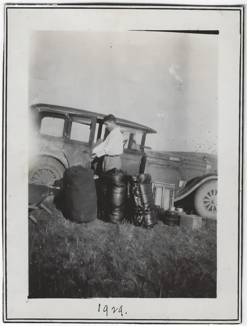 Camping Gear Next to Old Car 1924 Vintage Snapshot Photo Auto Camp Trip