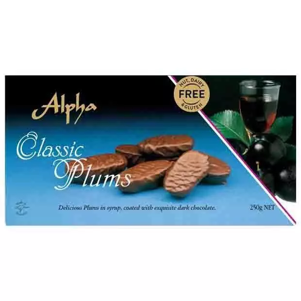 250g Alpha Dark Chocolate Coated Classic Plums ( Nut , Dairy , Gluten Free )