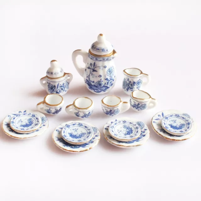 15pcs Dolls House Miniature China Ceramic Porcelain Coffee Tea Set 1/12 Scale 3