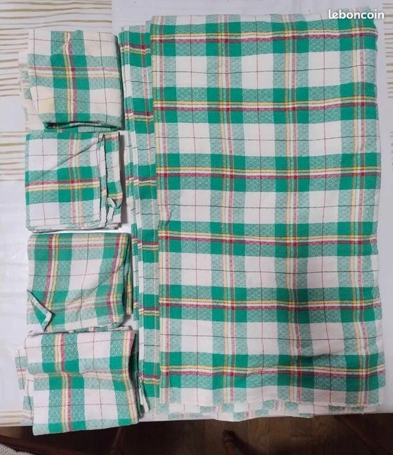 Superbe Ensemble De Linge De Table Basque Vintage - Nappe Et 6 Serviettes En Lin, Des Années 60, Jamais Utilisé !