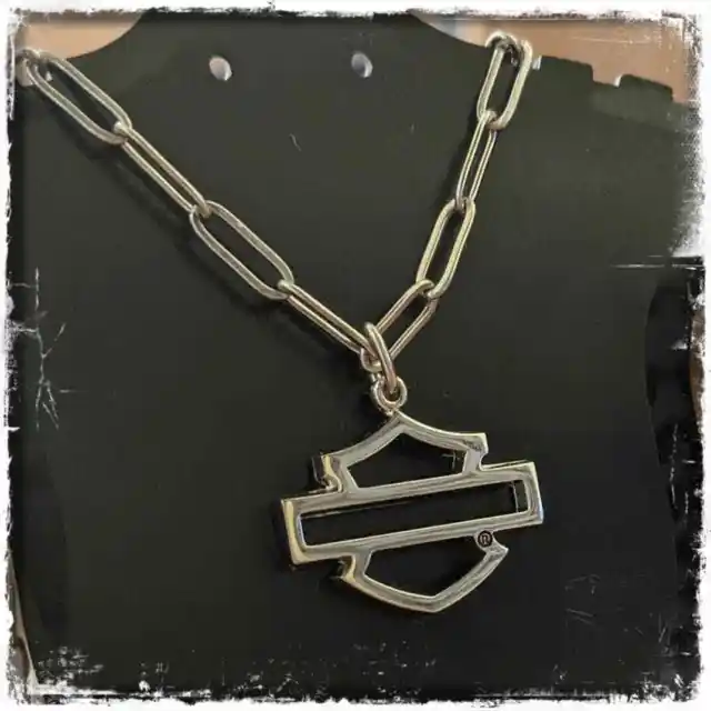 Harley Davidson Bar & Shield Outline Charm Necklace on Stainless Paperclip Chain