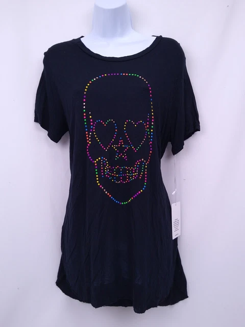 Lauren Moshi Black Short Sleeve T Shirt w/ Multicolor Rhinestone Stud Skull Sz M Lauren Moshi Black Short Sleeve T Shirt w/ Multicolor Rhinestone Stud Skull Sz M