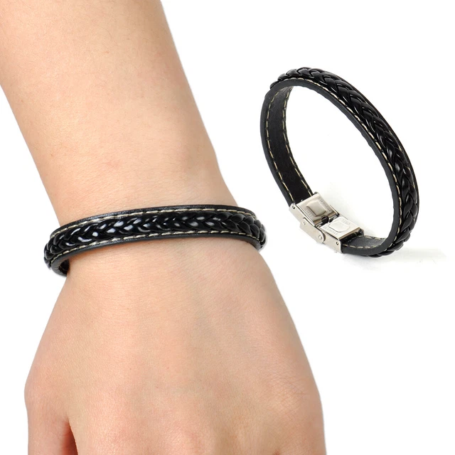 Men's Black Leather Wristband Braided Bracelet Stainless Steel Clasp Bangle Neuf