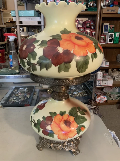 VINTAGE Electric TABLE LAMP GWTW BANQUET Parlor GLASS Flowers Red Yellow Orange