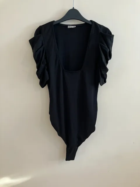 Free People Intimately Ruffle V-Neck Bodysuit, Black, Small, RRP $68