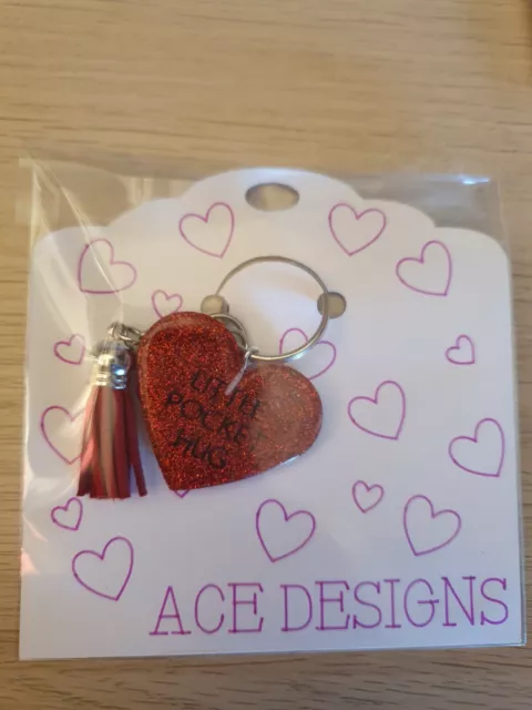 Hand Made, Little Pocket Hug, Keyring Gift. RED glitter + black/white writing.