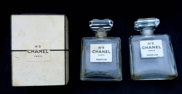 Two Vintage Chanel Paris No 5 Perfume Bottles & Original Chanel No 5 Parfum Box