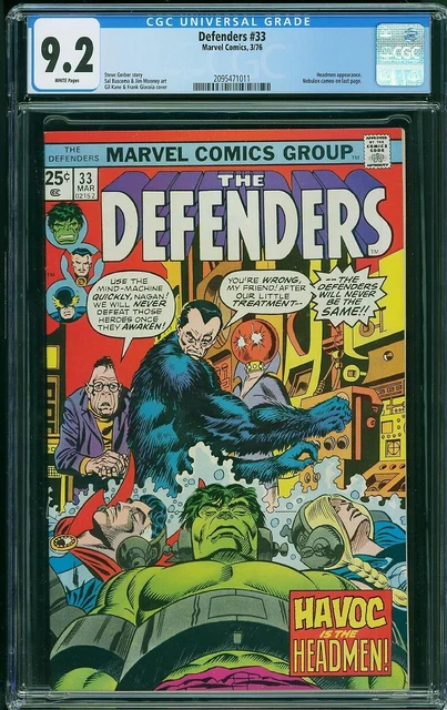 Defenders #33 Cgc 9.2 Nm-  Bronze Age Nebulon Cameo Headman App. Gil Kane Cover