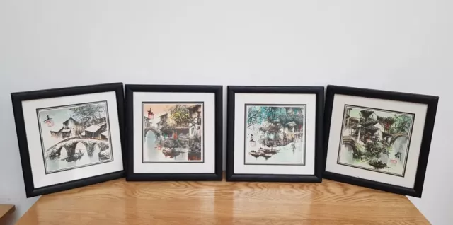 Chinese Folk Art Four Season Paintings Framed Set of 4 17cm