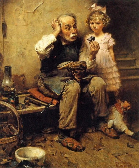 Cobbler Studying Doll's Shoe   : Norman Rockwell  :  1921 : Art Print