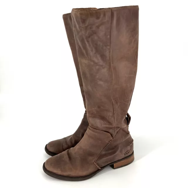 UGG AUSTRALIA LEIGH Riding Boots Brown Distressed Leather Tall Side Zip ...