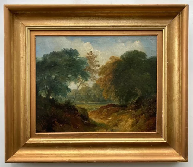 Antique C18th British School Original Oil Painting on Oak Trees & Lake Landscape 2