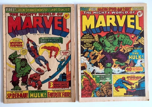 MIGHTY WORLD OF MARVEL comic #1 & #2 Hulk Spider-Man 1 UK edition 1972