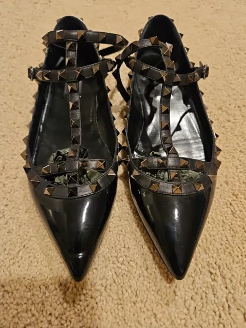 Valentino GARAVANI Rockstud Noir T-Strap Caged Ballerina Flats EU 40/US 10-$995