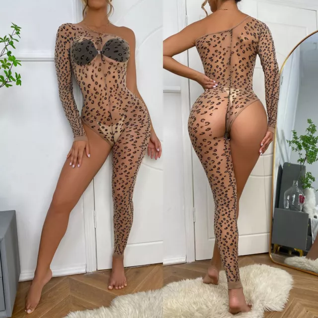 US Womens Leopard Print Unitard Sexy Jumpsuit Sheer Mesh Bodysuit See-Through