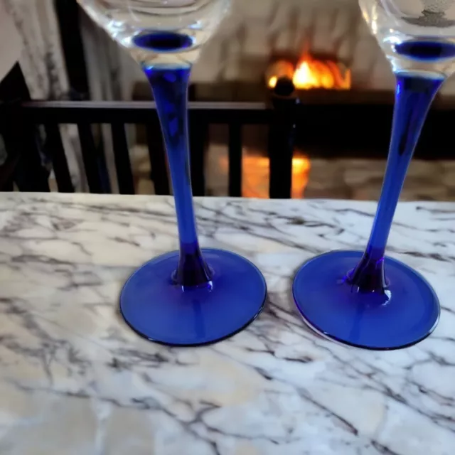 MCM VINTAGE 2x Luminarc France Cobalt Blue Stem Wine Glasses | 7 3/4" | 8oz