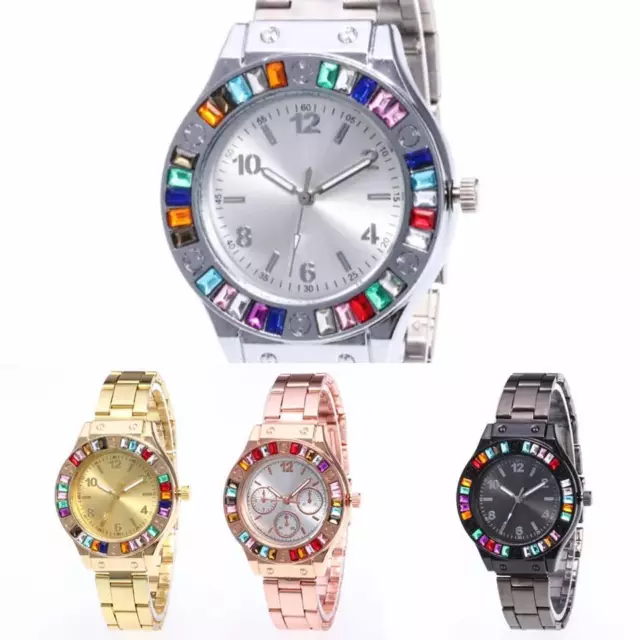 Women Watch SILVER Crystals Colored Gems Bracelet metal band ladies time piece