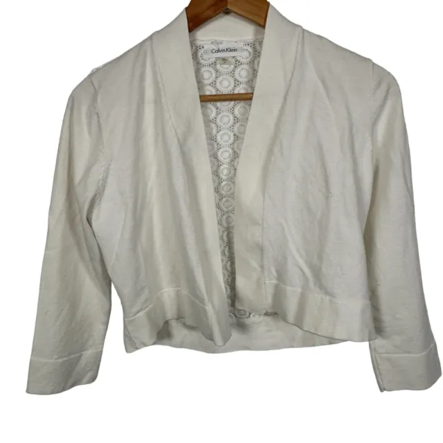 Calvin Klein Womens Medium Cardigan Cropped 3/4 Sleeve Lace Bolero Open White