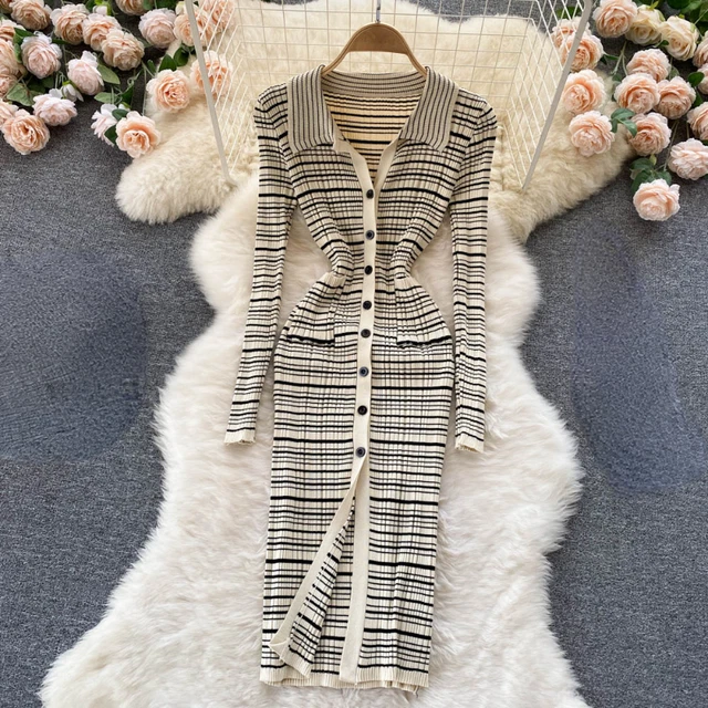 Donna Maglia a Righe Midi Abito Manica Lunga Scollo A V Bottoni Aderente Elegant