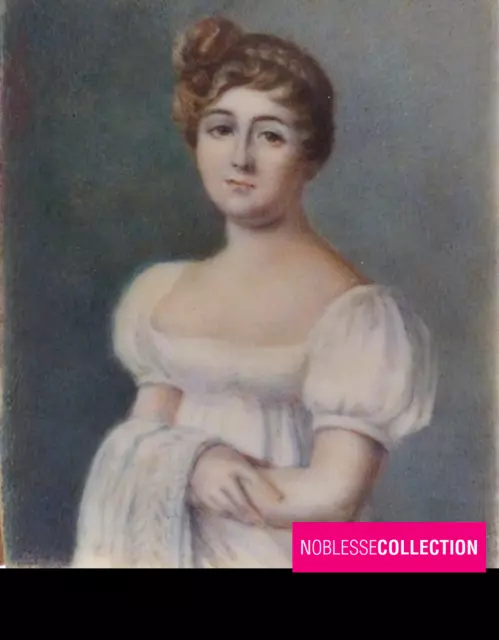 ANTIQUE EARLY 1800s FRENCH EMPIRE GOUACHE HAND PAINTED MINIATURE WOMAN PORTRAIT