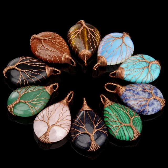 Natural Crystal Quartz Stone Tree of Life Healing Reiki Energy Pendant Necklace