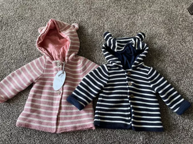 TU Baby Girls Blue/White/Pink Striped Knitted Bear Hooded Jacket Cardigan 0-1/3M