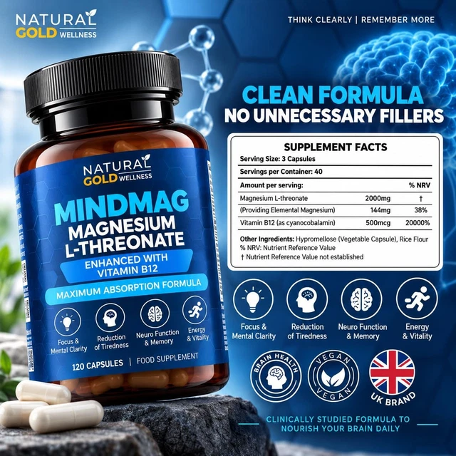 MINDMAG MAGNESIUM L-THREONATE Vitamin B12 High Absorption 120 Capsules ...