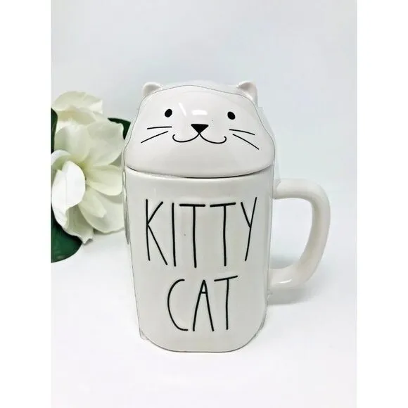 RAE DUNN CAT Coffee Mug White Cup Lid Text "KITTY CAT" Tall Ceramic Magenta New