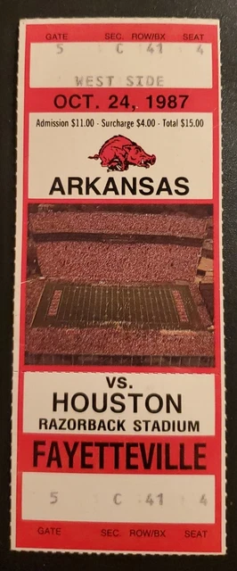 Arkansas Razorbacks Houston Cougars Football FULL Ticket 10/24 1987 J Rouse Stub