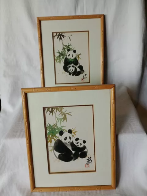 Pair Of Chinese Watercolours Of Panda And Cub Both Signed