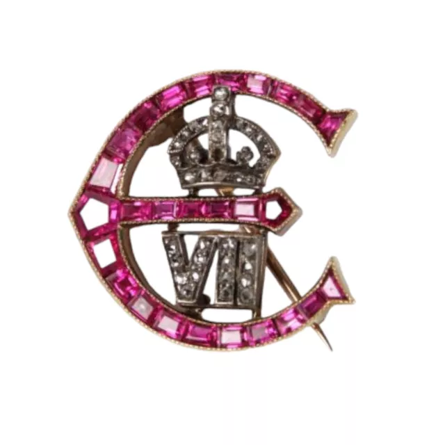 King Edward VII Cypher Brooch Pin Pink Ruby & White CZ Royal Jewelry 925 Silver