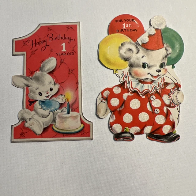 VINTAGE HALLMARK BEAR/BUNNY 1st Birthday Flocked Die Cut Cards Used No