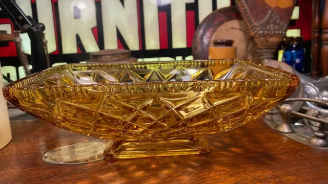 Vintage Australian 1930’s Art Deco Amber Depression Glass Diamond Cut Bowl