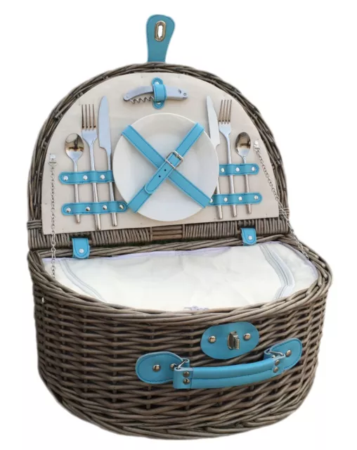 Blue 2 Person Fitted Wicker Picnic Basket