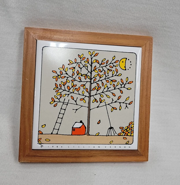VTG Lillian Vernon 1984 Fall Framed Tile Trivet Fall Decor Country Folk Art Hang