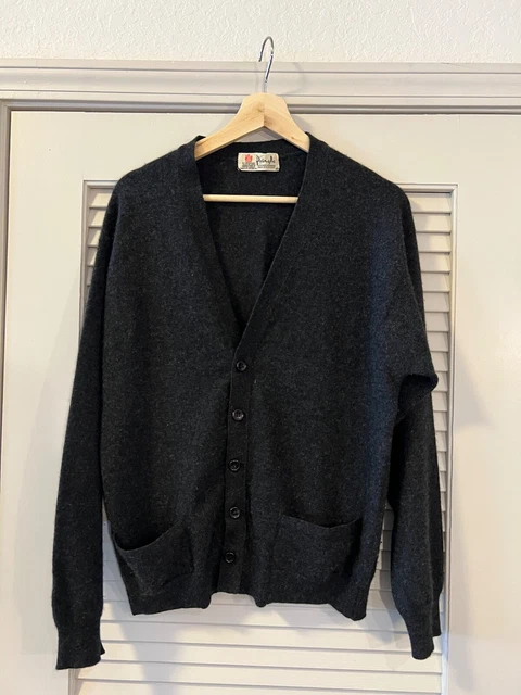 VINTAGE 1950s PRINGLE OF SCOTLAND 100% CASHMERE DARK GREY BLACK CARDIGAN SWEATER